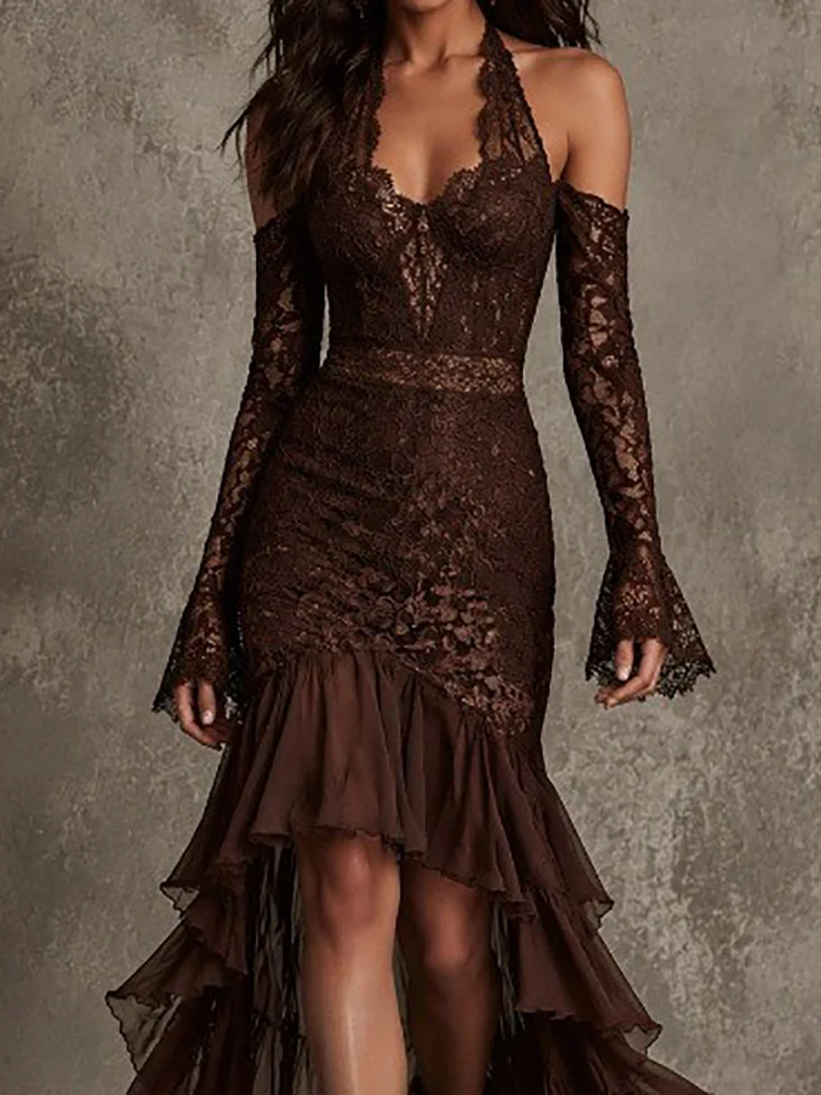 Elegantes, modisches Urlaubskleid mit halbhohem Kragen, schickes Partykleid mit Frühlingsspitze und Patchwork für Damen, elegante Damenkleider mit langen Ärmeln
