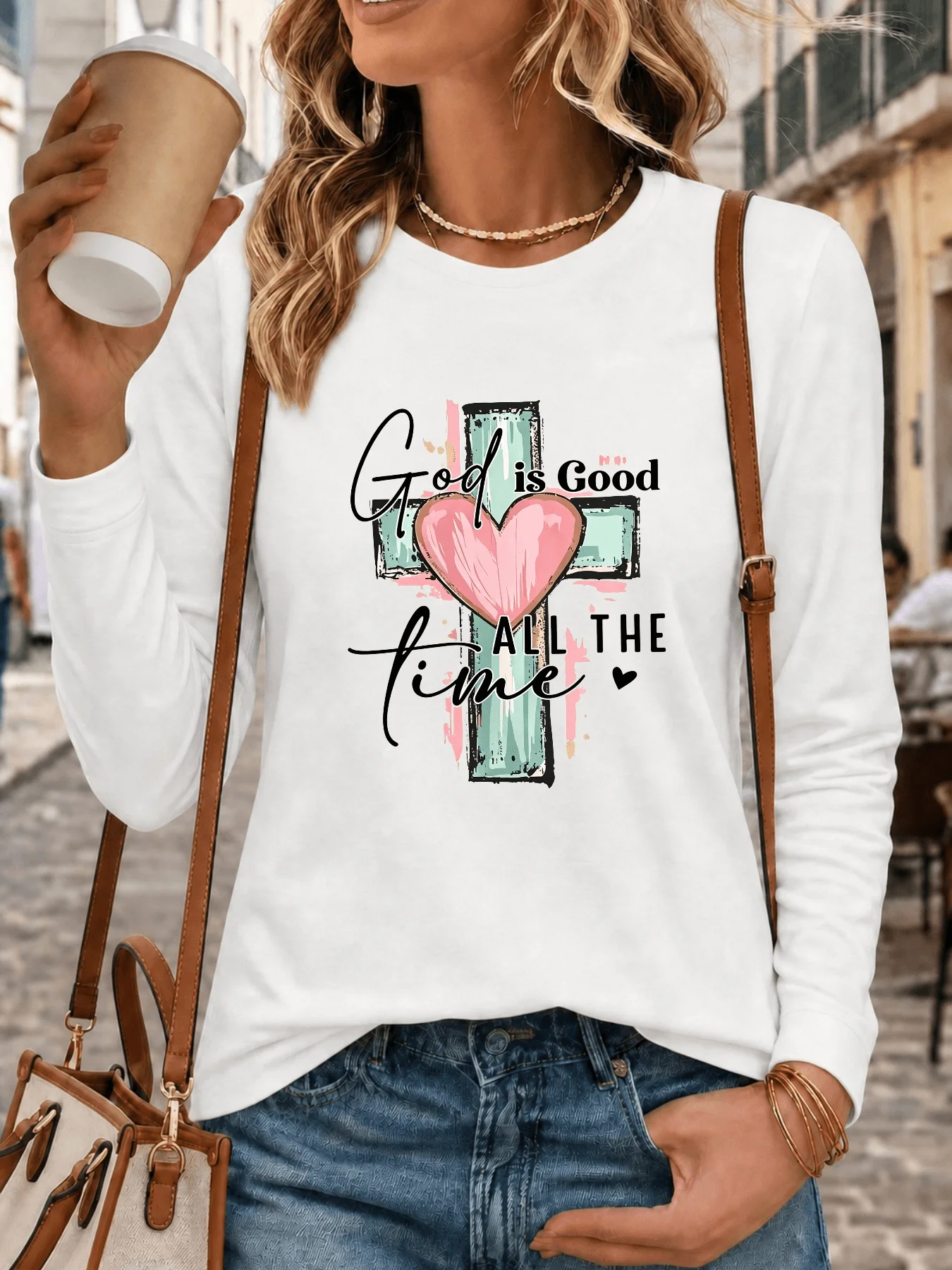 Women's Crew Neck Long Sleeve T-Shirt Heart-Shaped Letter Print T Shirt Vitage Style Casual Tops Clothes Outfit Daily Wear Chaep