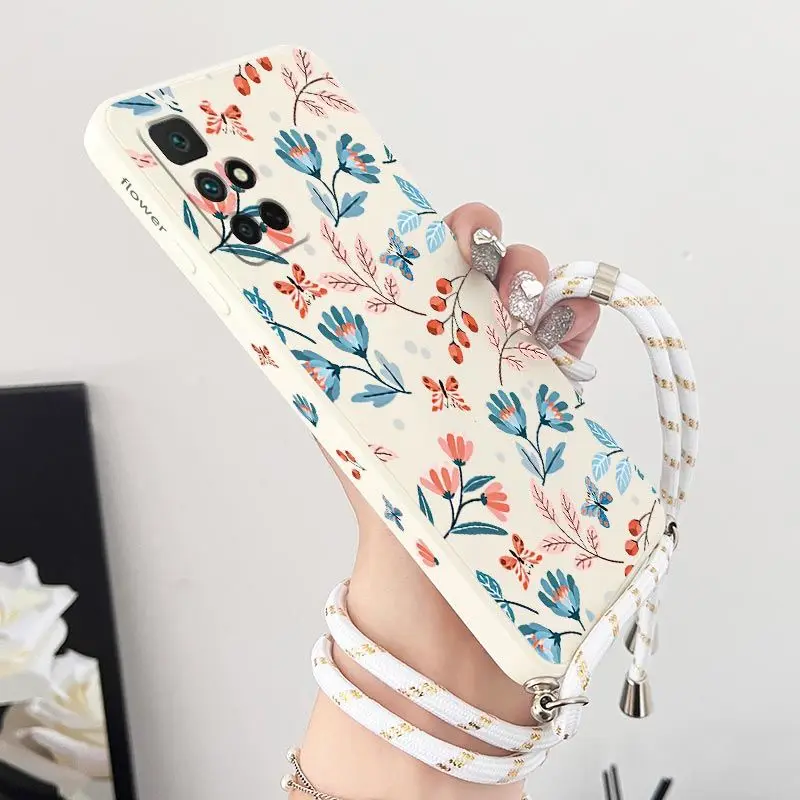 Sunrise Floral Crossbody Lanyard Silicone Phone Case For Xiaomi Redmi 10 10A 12C 9 10C 9T 9A A1 9C Cover