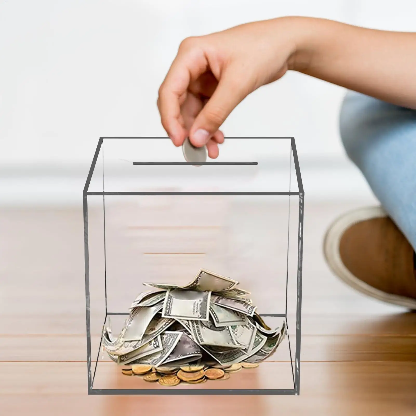 Acryl-Sparbüchse, kein Geld herausnehmen möglich, nicht zu öffnende Spardose, transparente Desktop-Sparbox für echtes Geld, Dollar.