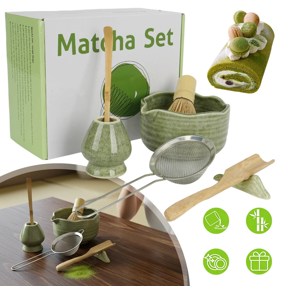 Set per preparare il matcha, kit da 7 pezzi che include ciotola, frusta artigianale, supporto, cucchiaio, setaccio, set regalo per il matcha, ideale per principianti e appassionati.
