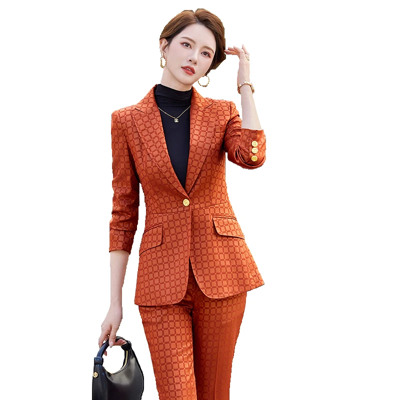 

Orange Plaid Women Suits Office Sets New Fashion Long Sleeve Slim Single Button Blazers Casual High Waist Flare Pants Suits