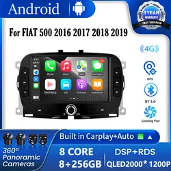 Radio con GPS para coche, reproductor Multimedia con Android 14, WIFI, 4G, Carplay, estéreo, DSP, 7 pulgadas, FM, para FIAT 500, 2016, 2017, 2018, 2019