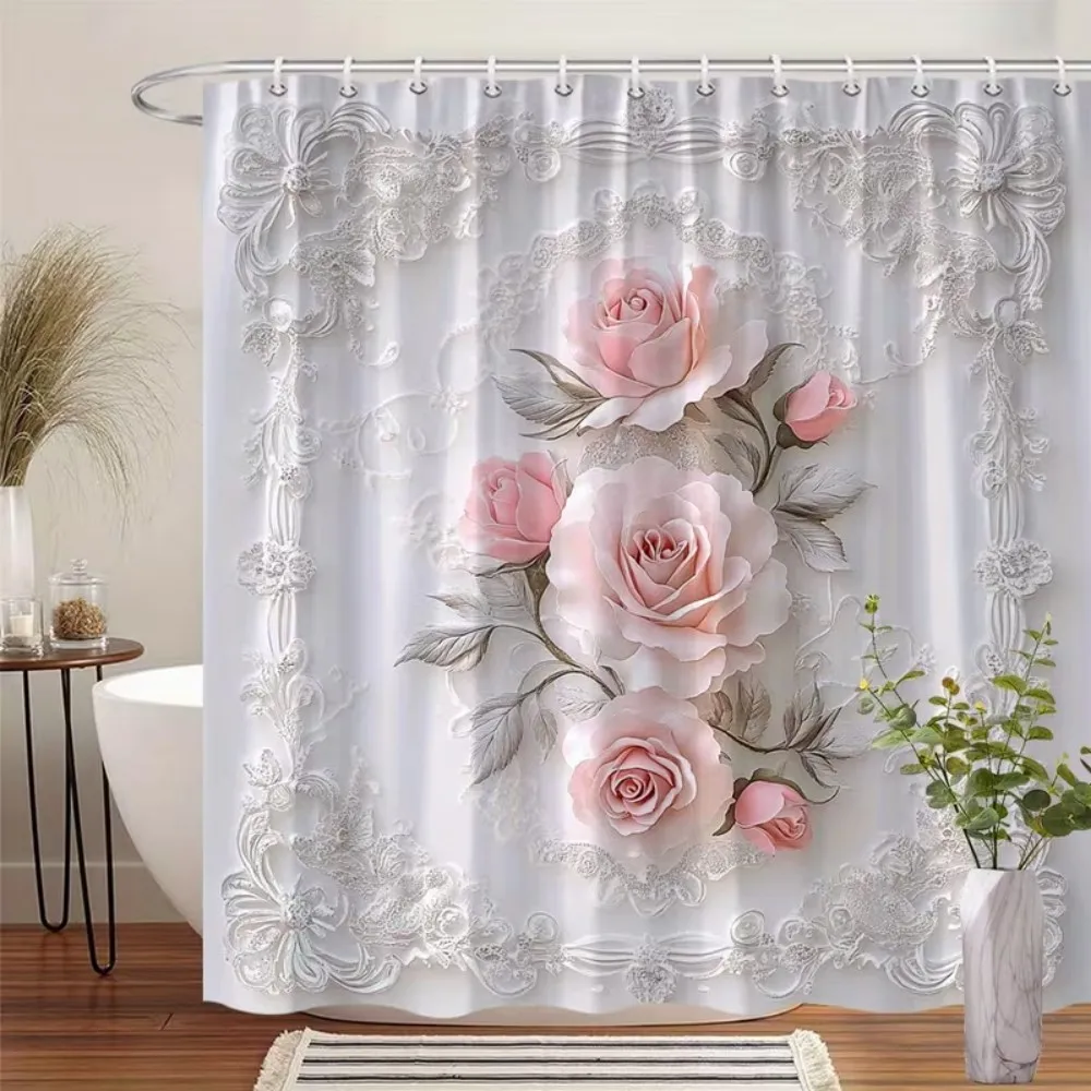 

VIKAMA Pink Rose Embossed Print Shower Curtain, Suitable For Bathroom Windows, Bathtub Partitions, Home Decoration Bath Curtains