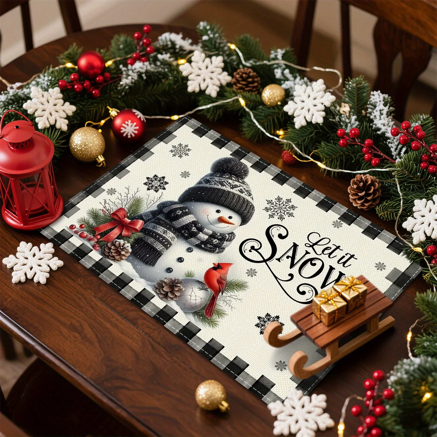 4Pcs Festive Snowman Placemats - Ideal for Christmas Dining & Kitchen Decor, Featuring Snowman and Red Birds Design