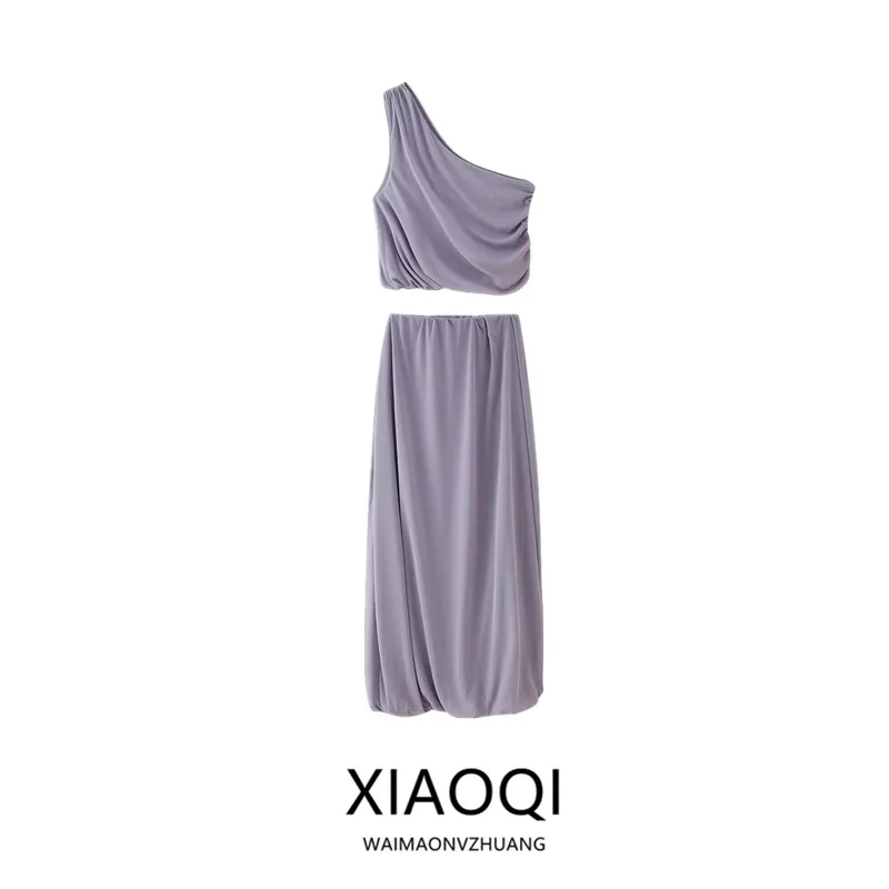 

Летний комплект 2025: Новинка! Женский асимметричный топ и юбка с декоративной шелковой сеткой, юбка миди.