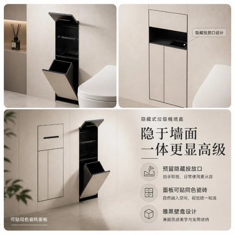 304 Stainless Steel Recessed Wall Niche 4 in 1 Toilet Brush Bin Tissue Box Hidden Bathroom Storage