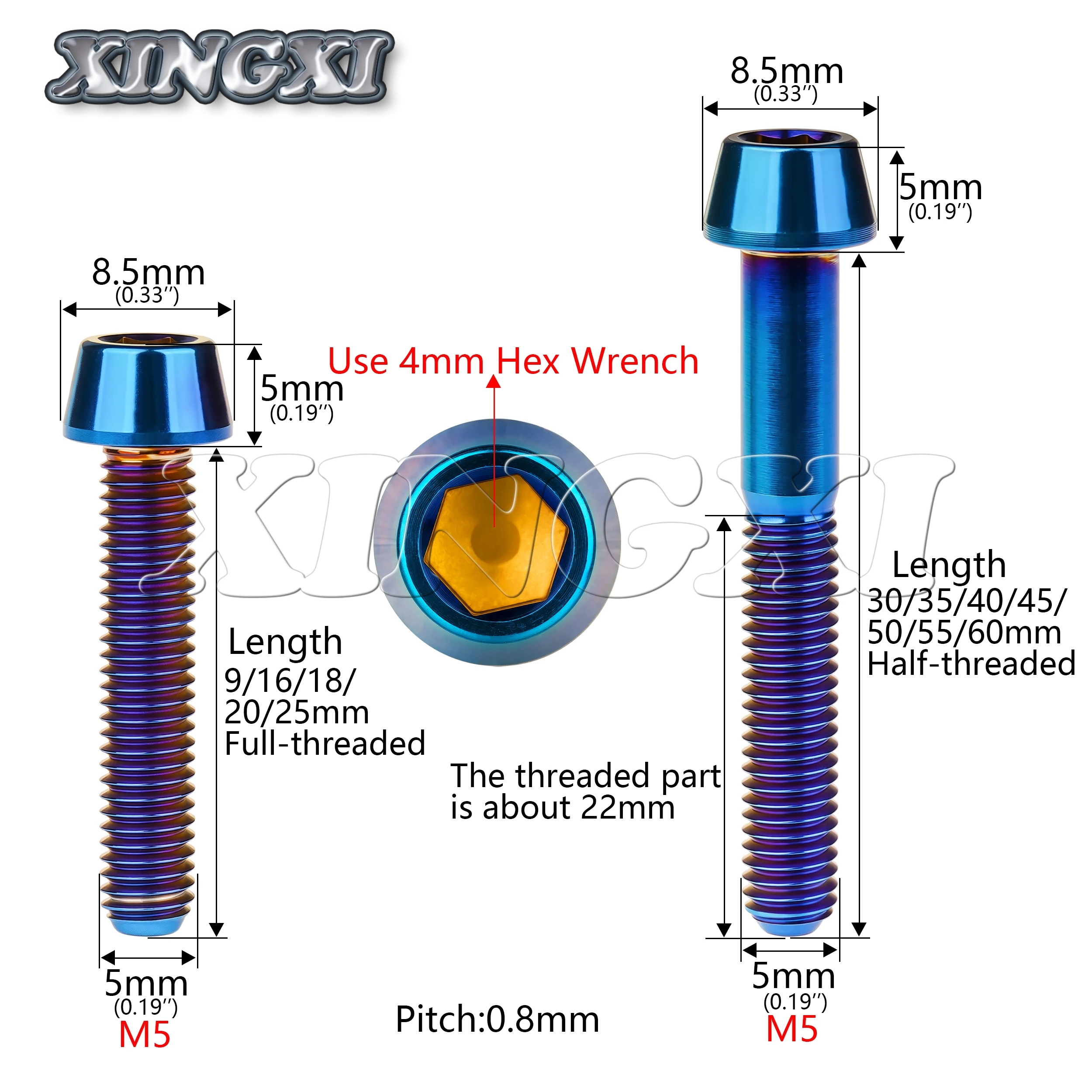 Xingxi Titanium Ti Bolt M5x9 16 18 20 25 30 35 40 45 50 55 60mm Taper Head Screw for Bicycle Stem Seatpost Bicycle Parts GR5