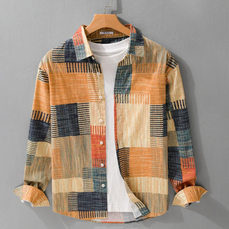 

New 3D print technology men's casual shirt, Japanese style, high-quality vintage printing, long sleeves, loose collar top, daily