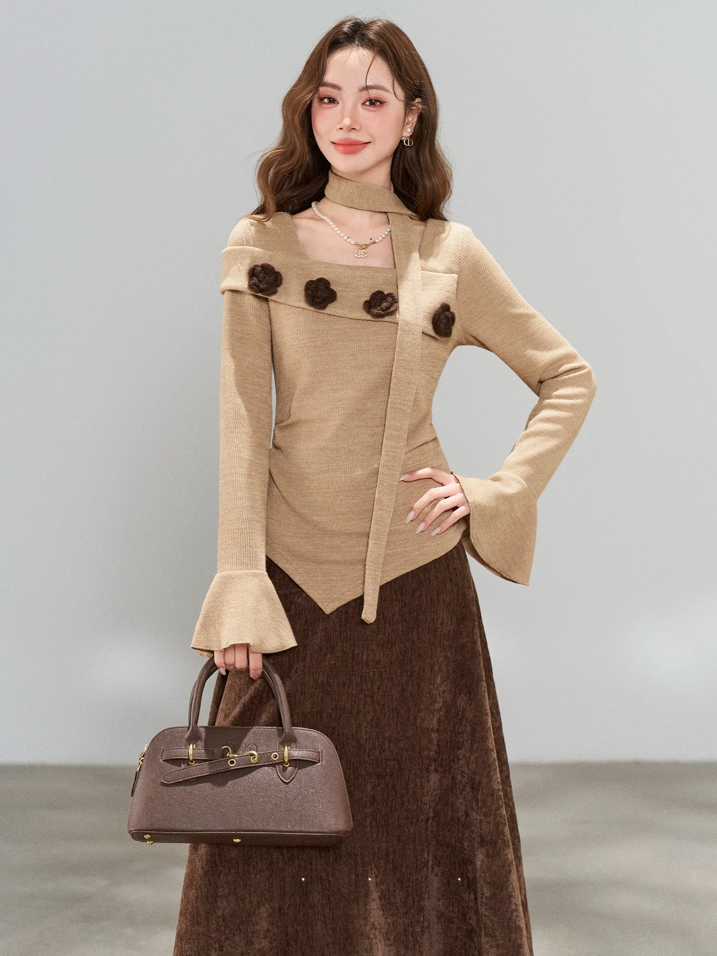 

Spring New Sle Women's Knitted Off-oulder Top And Skirt Set Regular Sve Length Casual Wear for Commuting And Leisure