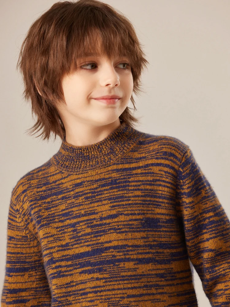 

Autumn Winter Cashmere Sweater Children Mock Neck Color Blocking Pullover Boys Girls Thicken Long Sleeve Kids 100% Cashmere Knit