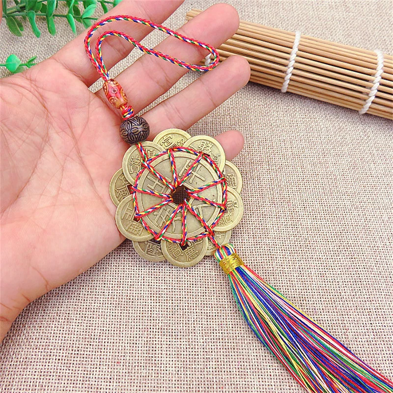 Feng Shui Mystic Knot Chinese Knot 10 Lucky Coins Pendant Safe Travel Health Wealth Car Interior Office Home Hanging Decor