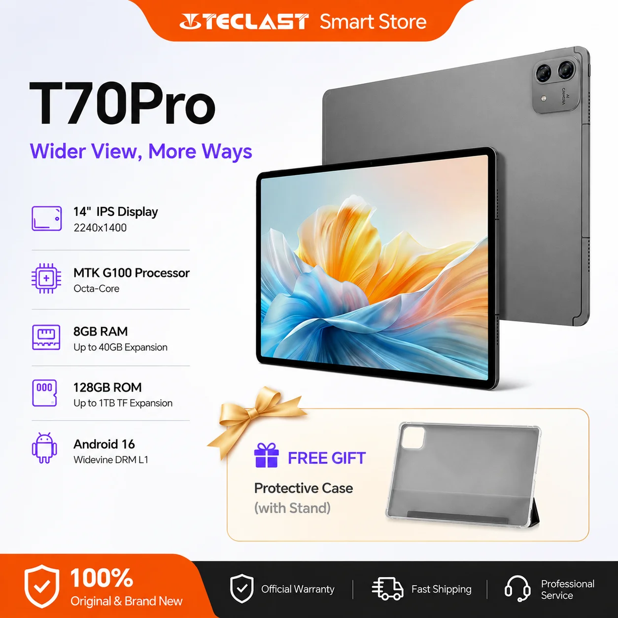 Teclast T70 Pro Tablet 14 Inch 2.2K Gemini AI Android 16 8GB RAM 128GB ROM MTK G100 Octa Core Widevine L1 10000mAh 4G LTE T70Pro