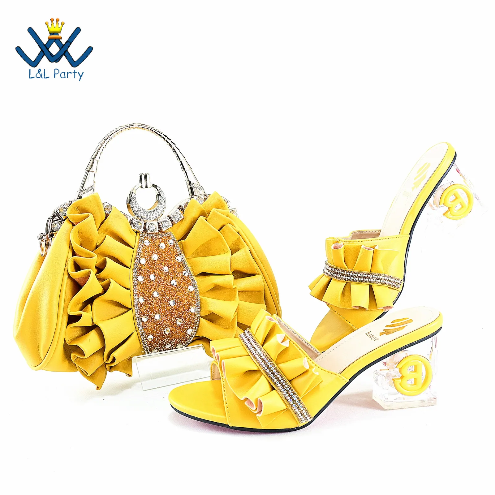 

2024 Newest Nigerian Women Shoes and Bag Set in Yellow Color Special Comfortable Square Heels with Appliques for Wedding