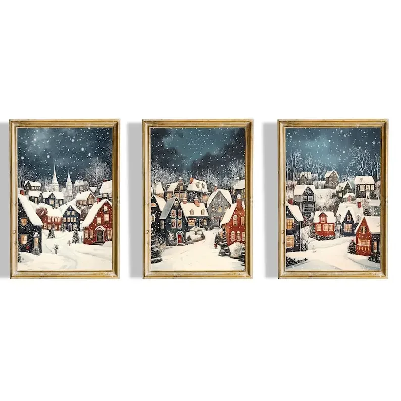 1/3pcs Christmas Eve Village Snow Canvas Print Winter Holiday Town Christmas Wall Art Poster for Modern Living Room Home Decor