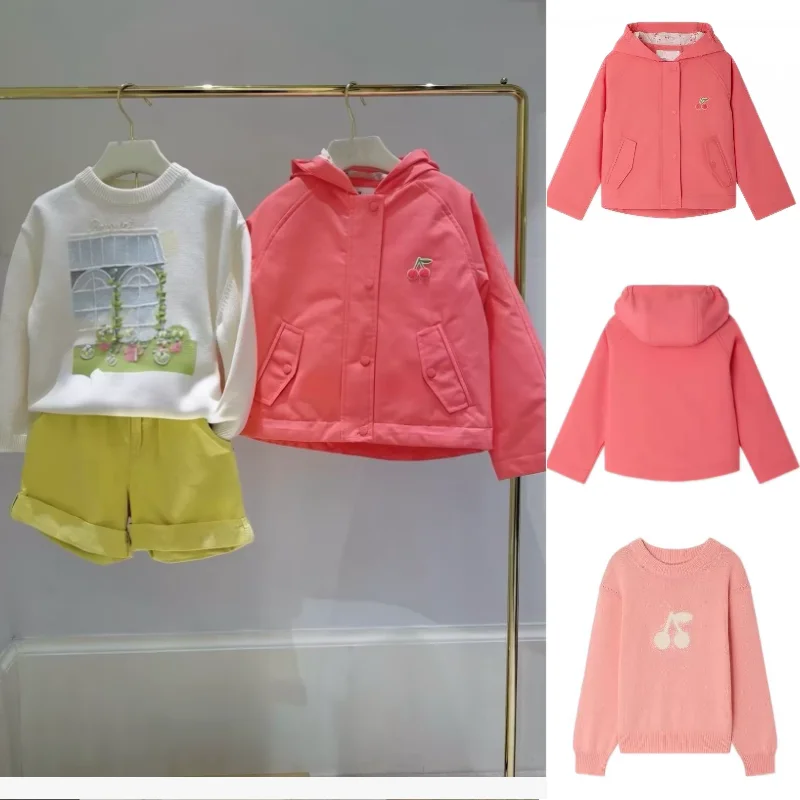 Girls Hooded Jacket 2026 Winter New Pink Cherry Embroidered Windproof Rainproof Trench Coat Cotton Pink Knit Sweater for Girls