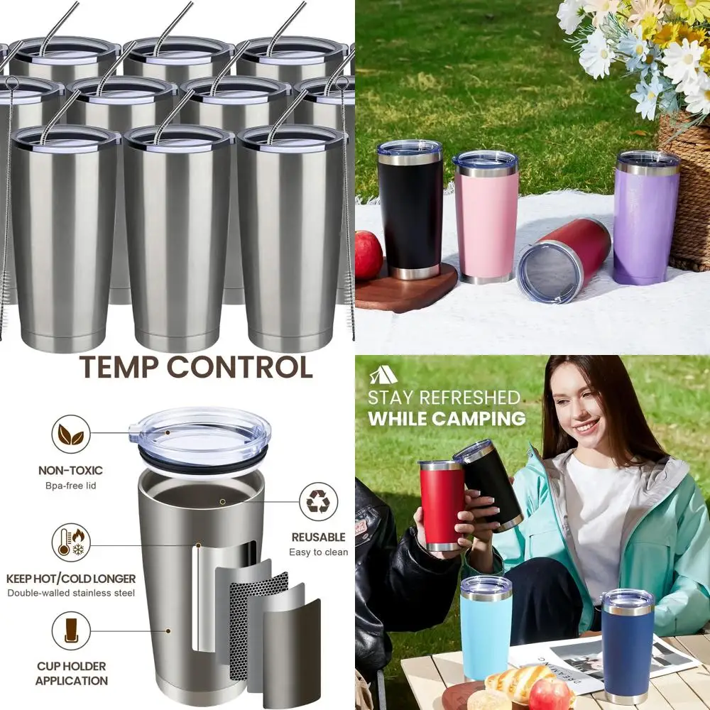 

Упаковка из 12 стаканов из нержавеющей стали с двойными стенками и крышками и соломинками, прочные дорожные кружки с порошковым покрытием для холодной и горячей пищи