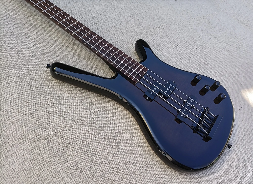 4 Strings Black Electric Bass with Rosewood Fretboard,Flame maple Veneer,Custmizable