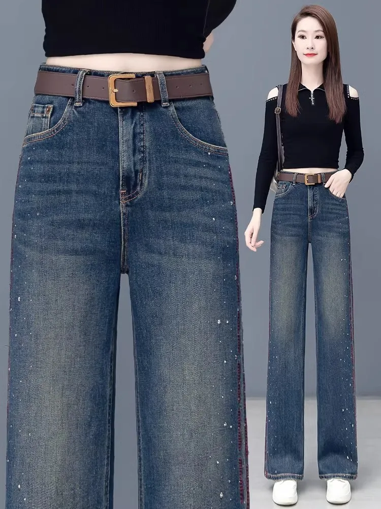 

Женские джинсы с высокой талией, прямые, из денима, весна-осень, новая модная коллекция, со стразами, свободные, широкие штанины, с вышивкой, облегающие