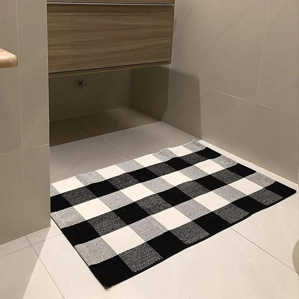 Vintage Inspired Rug Black White Checkered Rug Colorblock Plaid Bathroom Floor Mat Quick Absorbent Anti-slip Carpet for Bath