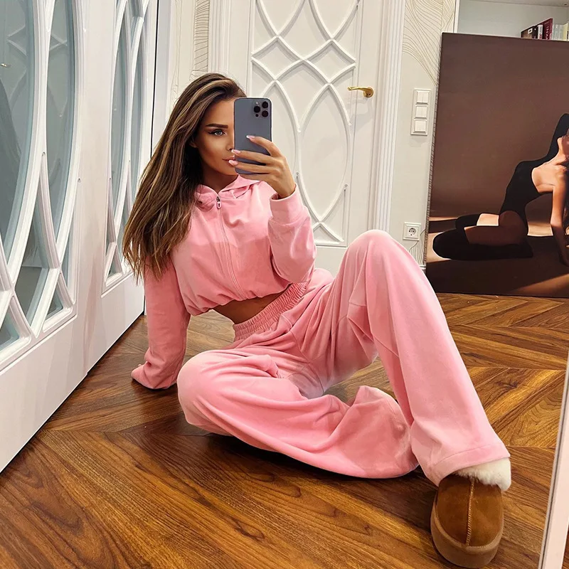 Women's Hooded Casual Hoodie Elastic Pants Two-Piece Set Long Sve Zipper Cotton Blend Spring Faion Outfit