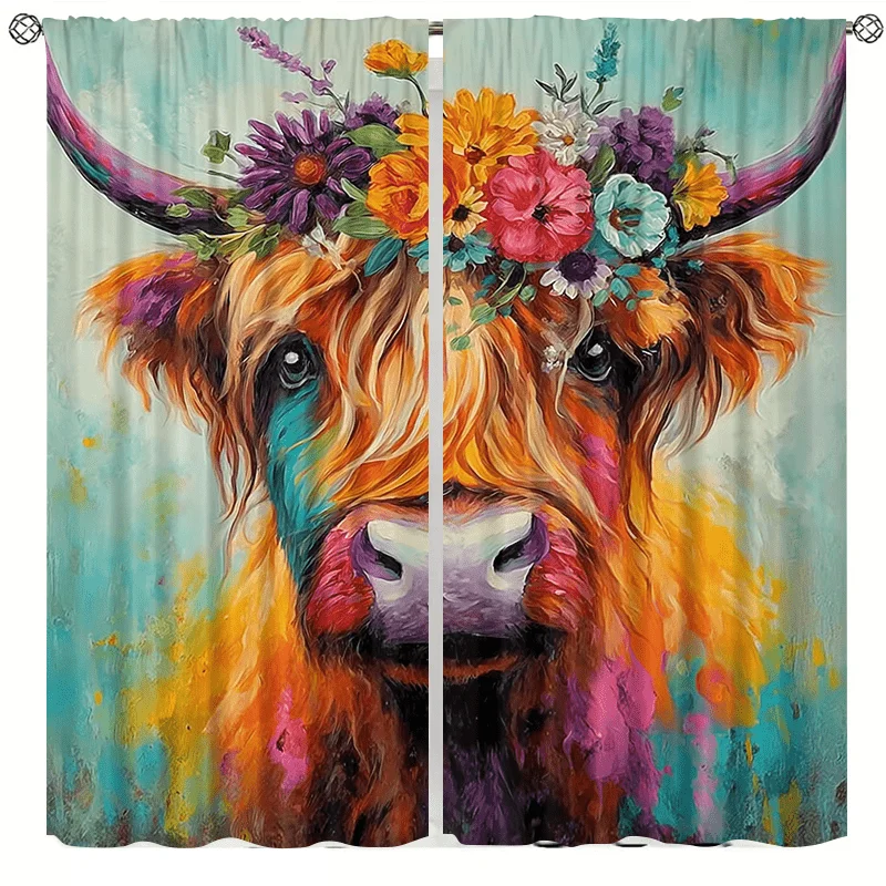 Wreath pattern cotton print curtains, installed with pocket rods, suitable for bedrooms, living rooms, balconies, for decoration
