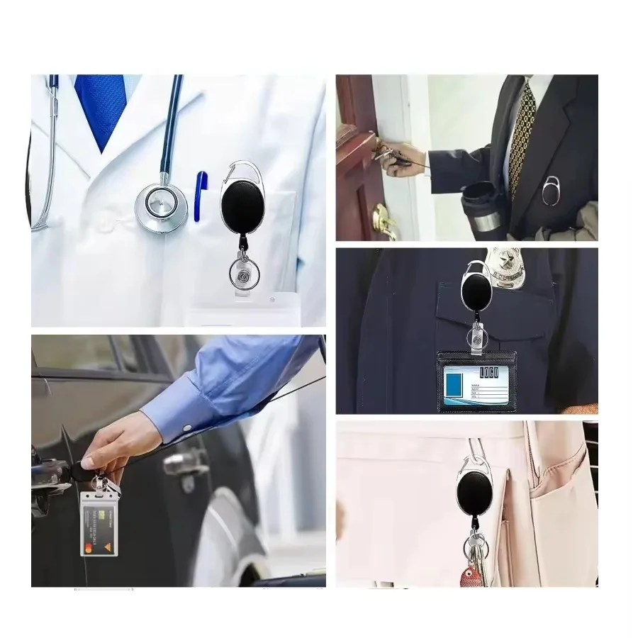 Einziehbare Ausweishalter, robuste Metallausführung mit Karabiner-Gürtelclip und Schlüsselring für Ausweiskartenhalter und Schlüsselanhänger. – Detail 4