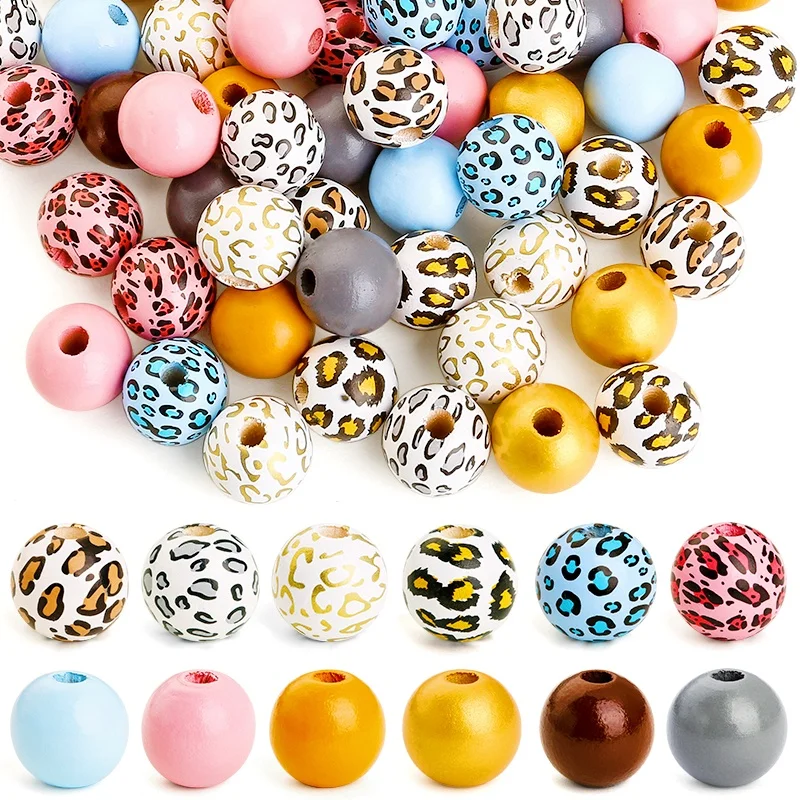 120pcs Wooden Beads Set 16mm Cow & Leopard Print Colorful Round Spacer Beads for DIY Jewelry Keychgs Bracelet Home Decors Craft