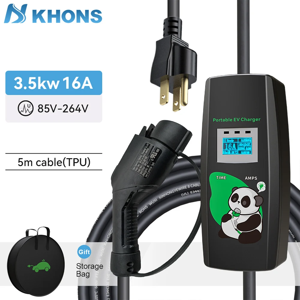 Khons Type1 Portable Electric Vehicle Charger 3.5KW Electric Vehicle Wallbox 16A Electric Car Charging Schuko Plug 5m Cable