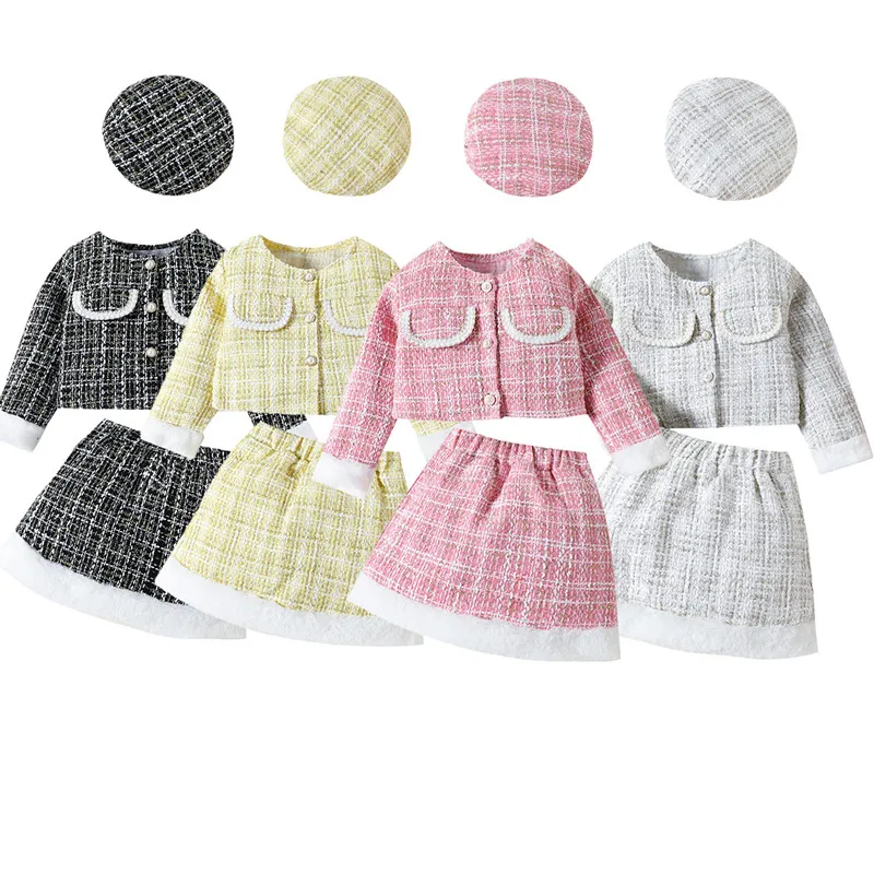 Girls Autumn and Winter Coat Clothes Baby Jacket Short Skirt Beret Outfit Set Long SleevesWoolen co Tops+Skirt +Beret 3PC 0-7T