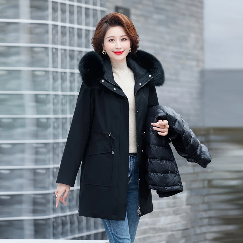 Middle-Aged and Elderly Mothers' Mid-Length Live Face Removable Parka down Jacket Women's Jacket Thickeneded New Style