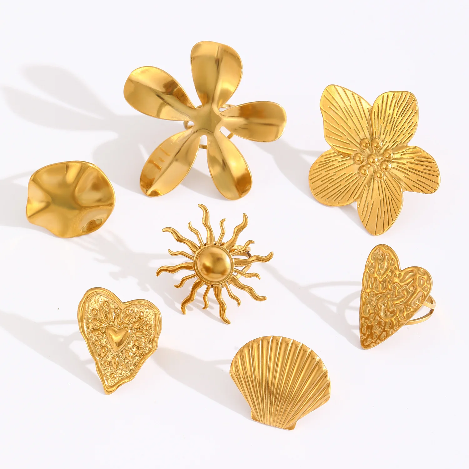 

Exaggerated Personali Folded Texture Flower Sun Heart Open Ring Women's Faion Jewelry Stainl Steel Titanium Steel