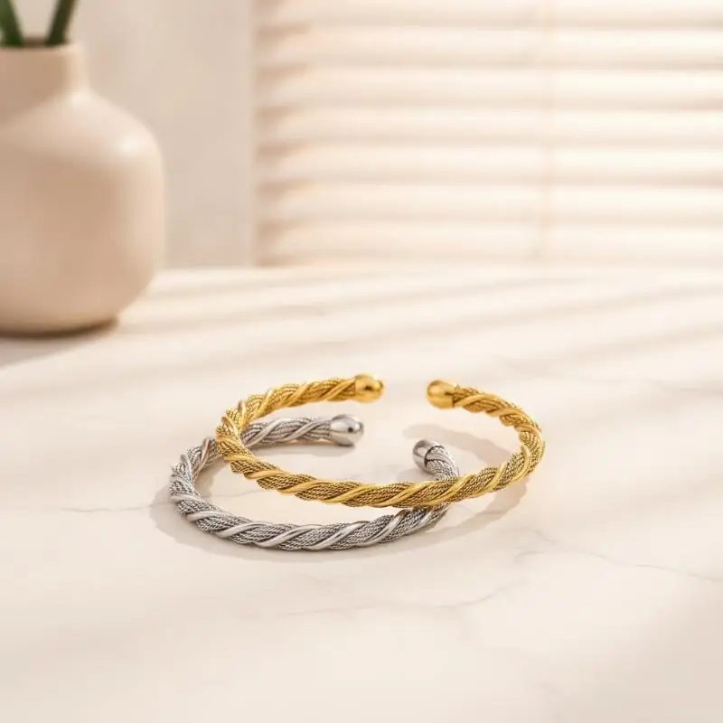 Stainless Steel Twisted Cuff Bangle Non-Fade Smooth Edge Fashion Jewelry for Sister Graduation Gift Daily Wear