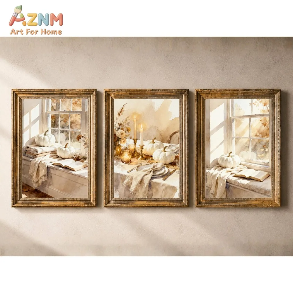 AZNM 3Pcs White Pumpkin Fall Canvas Wall Art, Watercolor Window Candle Autumn Scene Print Frameless Canvas Painting, Neutral