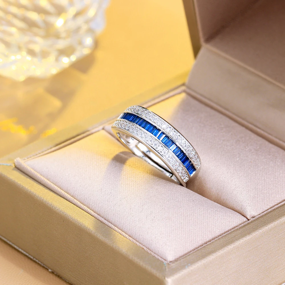 BeaQueen Royal Shiny Blue Rectangle Cubic Zirconia Round Open Adjustable Rings for Women Fashion Evening Party Jewelry Gift R147