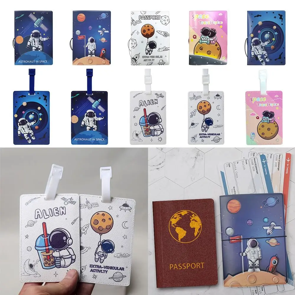 Cartoon Astronaut Passport Cover PU World Traveling Luggage Tag Waterproof Multi-function Certificate Protective Sheath Unisex