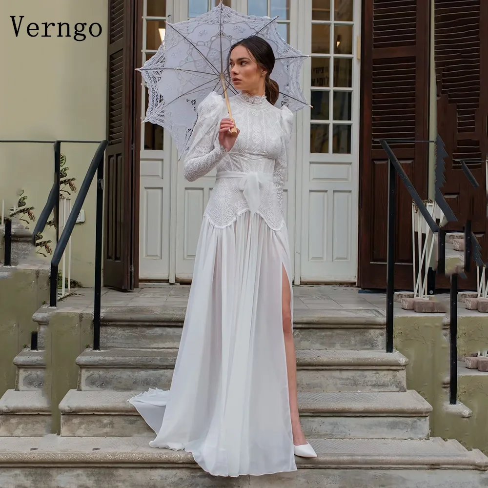 

Verngo lvory Chiffon Wedding Dress Elegant Lace Bride Dresses Women Side Slit Slim Modest Bridal Gown Full Sleeves Customized