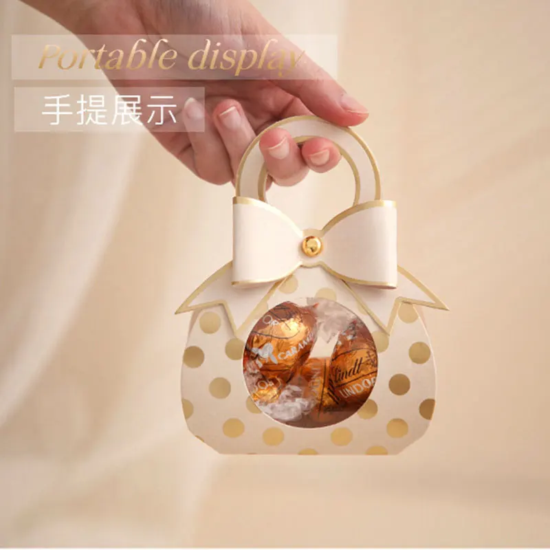 10pc Hand-Held Wedding Candy Box Macaron Color Dot Print Bow Paper Gift Packaging Wedding Baby Shower Birthday Party Decoration