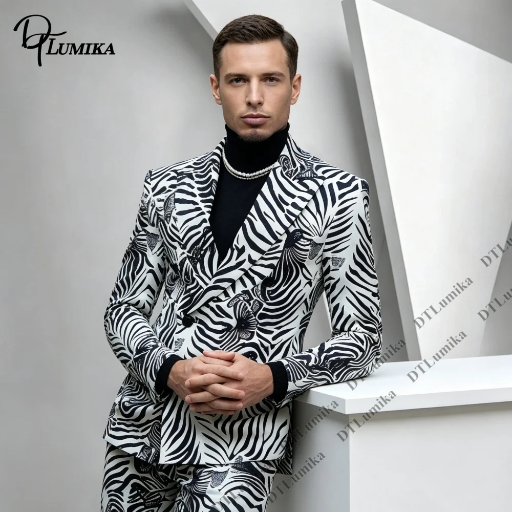 Black White Zebra Stripe Print Men 2 Piece Suit Double Breasted Blazer Matching Trousers Outfit For Street Shoot Stage Show