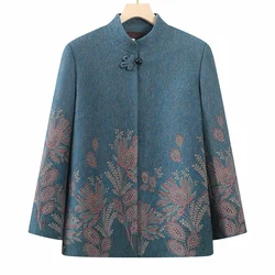 Loose Big Size Women Winter Coats New Woolen Outerwears Jacket Retro Printed Middle Aged Mother Wool Coat Abrigos De Mujer