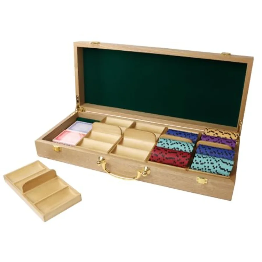 

Деревянный футляр для покерных фишек с 5 лотками для 500 фишек, прочный держатель для хранения фишек из дуба