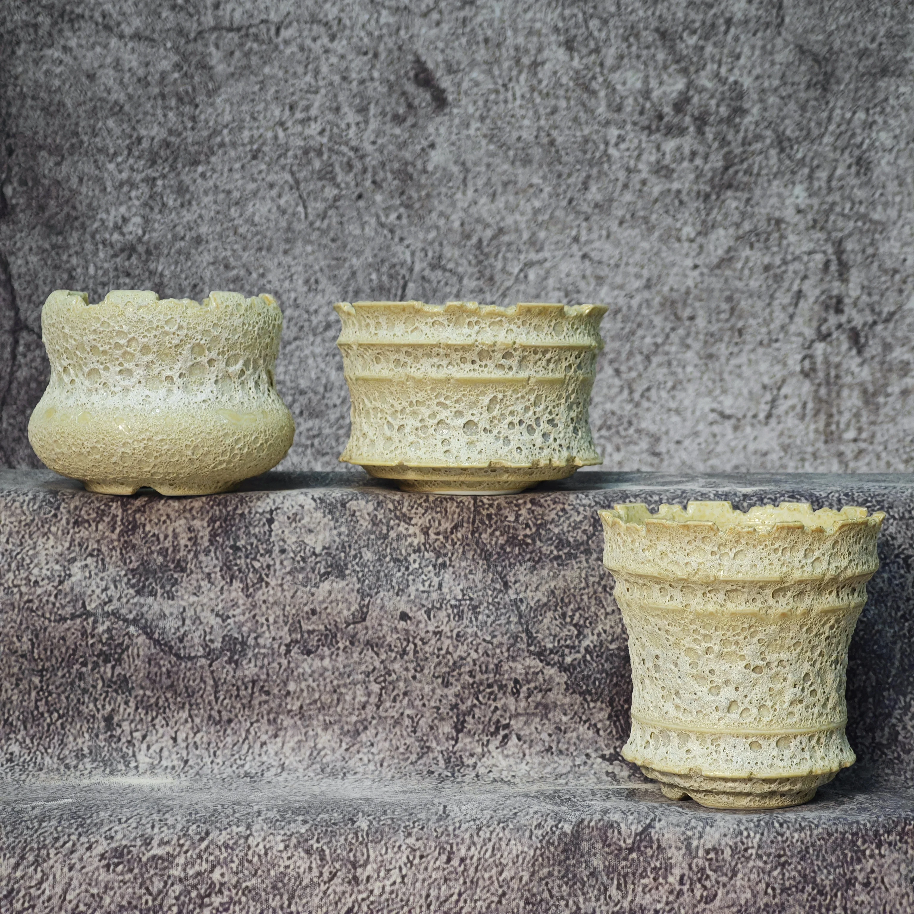 Small Handmade Ceramic Planter with Knife-Carved Fluted Rim Caudex Pot for Desktop Balcony Ivory Palace Cactus Agave Succulent T