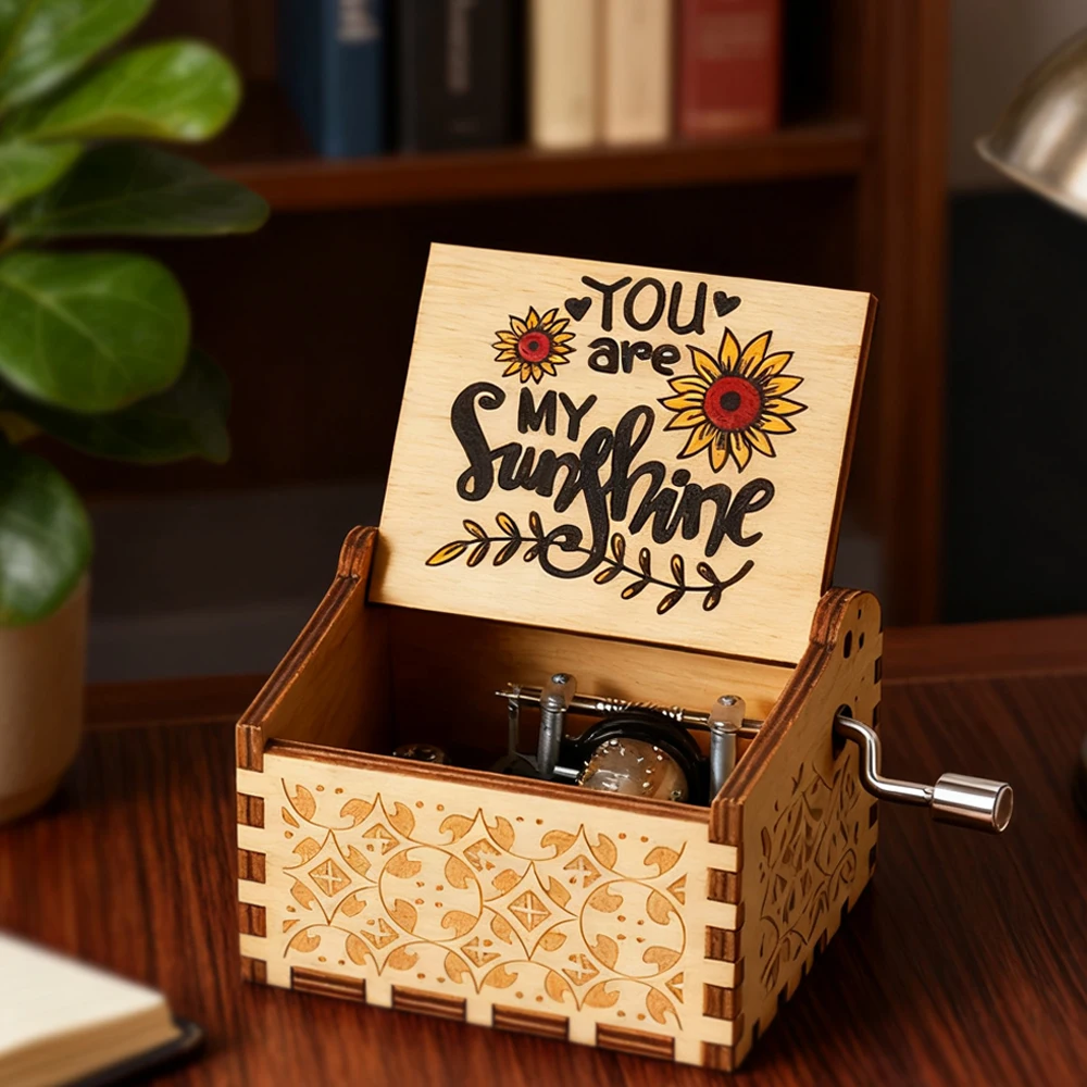 Wooden Music Box Hand Cranked Movement You are My Sunshine Gifts for Children Birthday Present Home Office Decoration