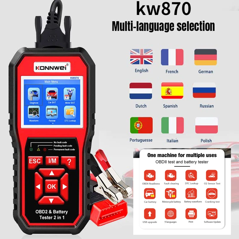 Nine Languages KONNWEI Professional Car OBD2 Scanner KW870 OBD Fault Diagnosis Instrument 6v12V Car Motorcycles Battery Detector