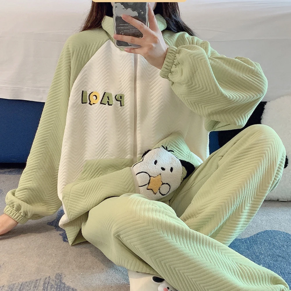 Cute Pochacco Plush Pajamas Suit Sanrioed Kawaii Cartoon Pompompurin Homewear Autumn Winter Zipper Loose Air Cotton Nightwear