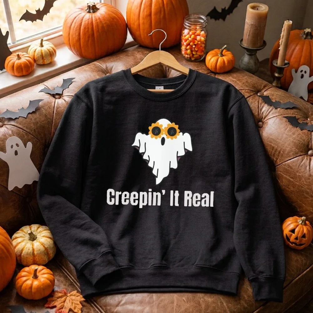 Funny Creepin It Real Halloween Sweatshirt Women Cute Ghost Sunflower Glasses Graphic O-neck Pullover Fall Casual Tops Clothes