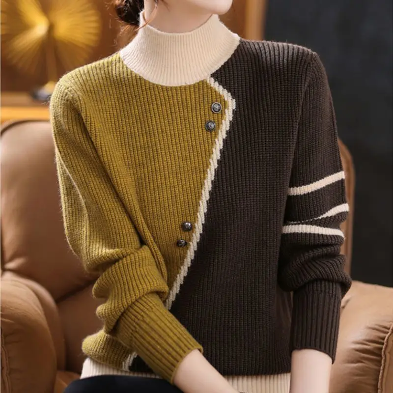 Asymmetrical Striped Button Knitted Splicing Sweaters Vintage Temperament Autumn Winter Thick Women\'s Clothing Elegant Keep Warm