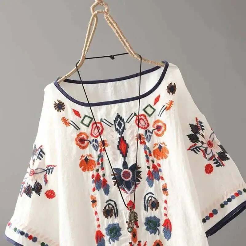 刺繍花柄 Tシャツ女性中国風クラシックルーズシャツカジュアルヴィンテージ O ネック半袖夏ブラウストップス