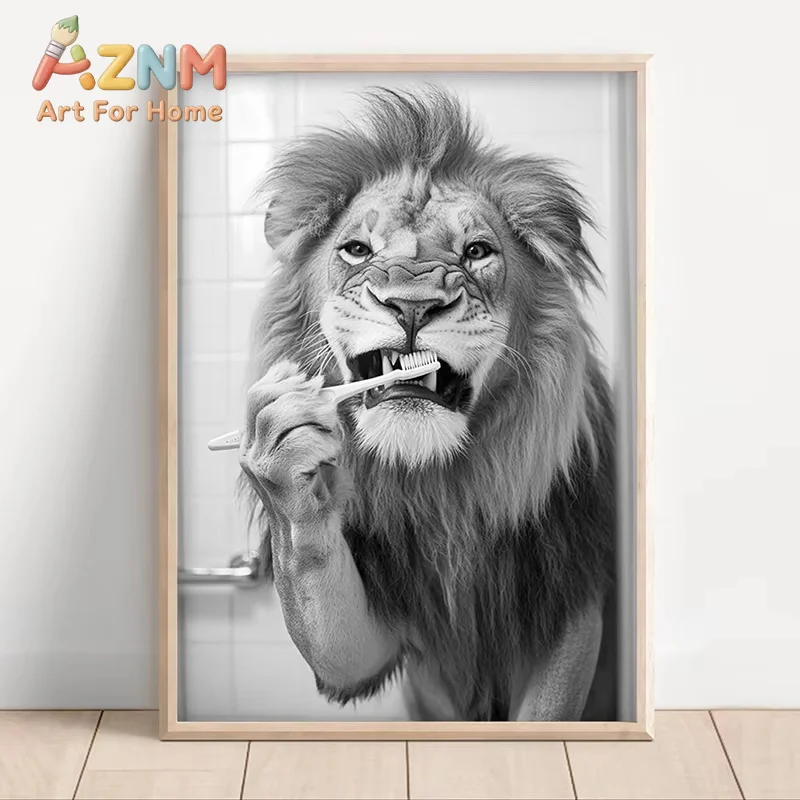 Black White Funny Bathroom Brushing Teeth Poster Vintage Style Animal Canvas Painting Print Wall Art Picture for Home Decoration