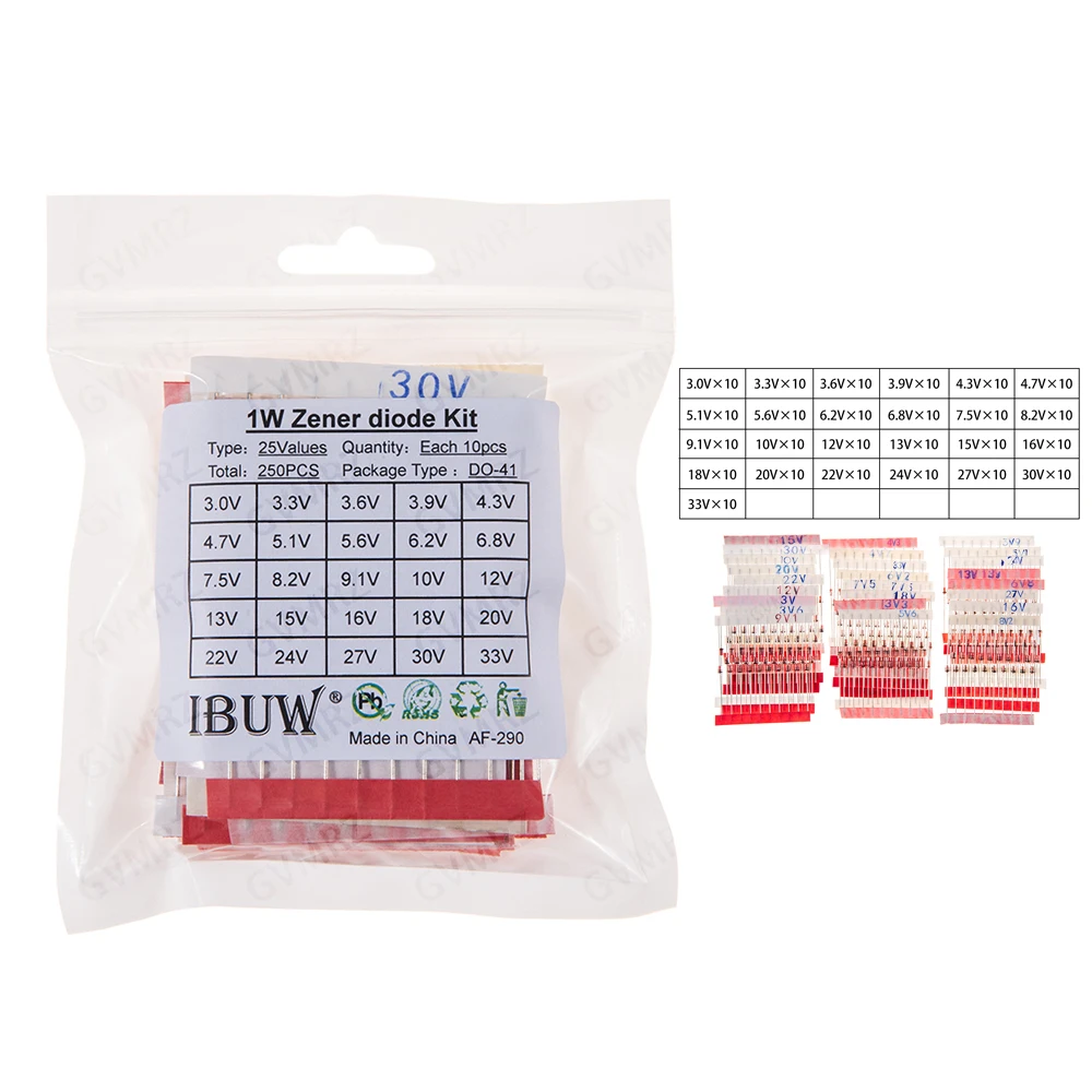 250PCS 25Values 3.0V 3.9V 4.3V 4.7V 5.1V  1W Zener Diode Kit 3.0V-33V DO-41 for Voltage Regulation Electronic Projects 16V 20V